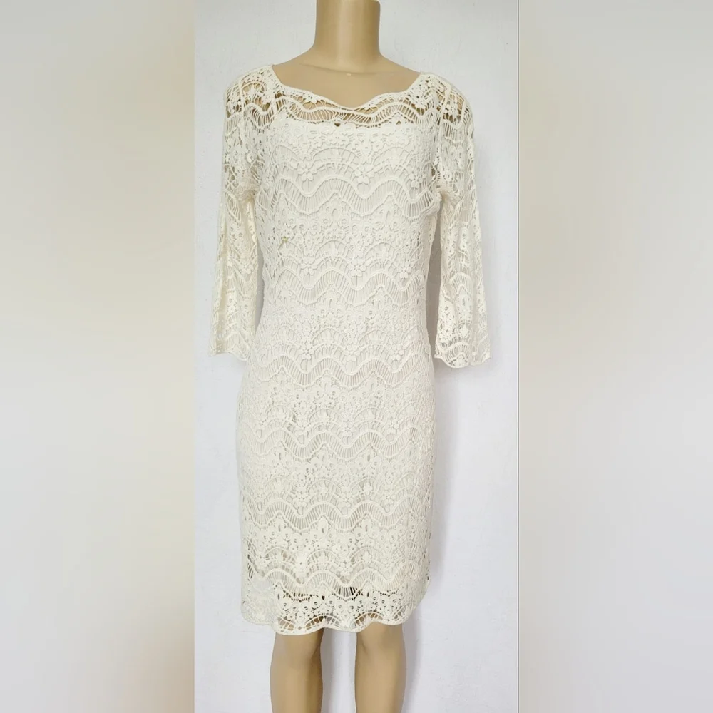 Ralph Lauren 100%Cotton White Crochet Sheath Dress 3/4 Sleeve Crew Neck Lined M - Picture 15 of 16